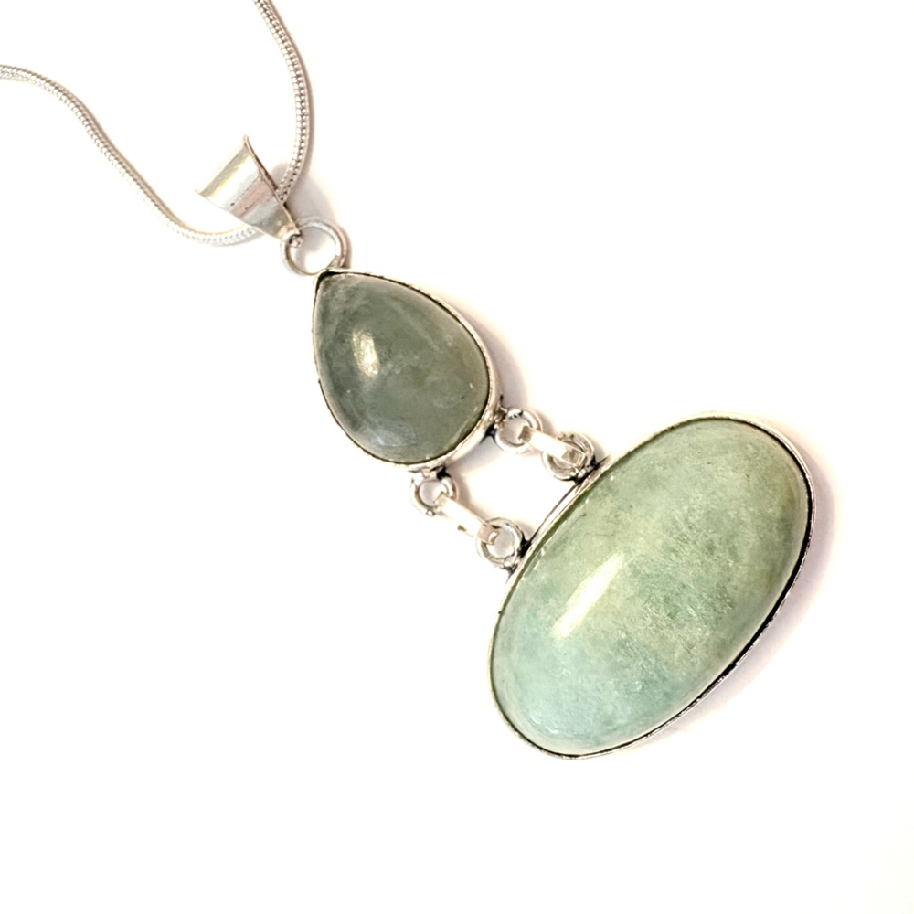 Beautiful, 2 inch, 2 stone, Aquamarine pendant on a silver chain.